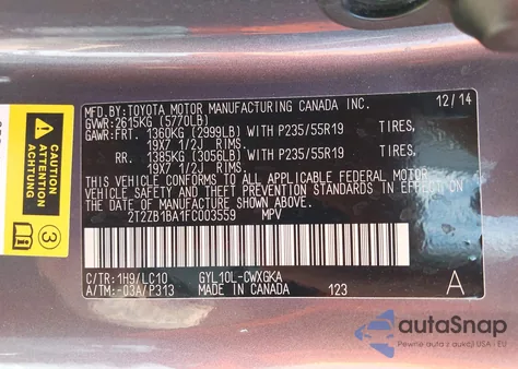 2015 Lexus Rx 450H из США, поврежденный, VIN 2T2ZB1BA1FC003559